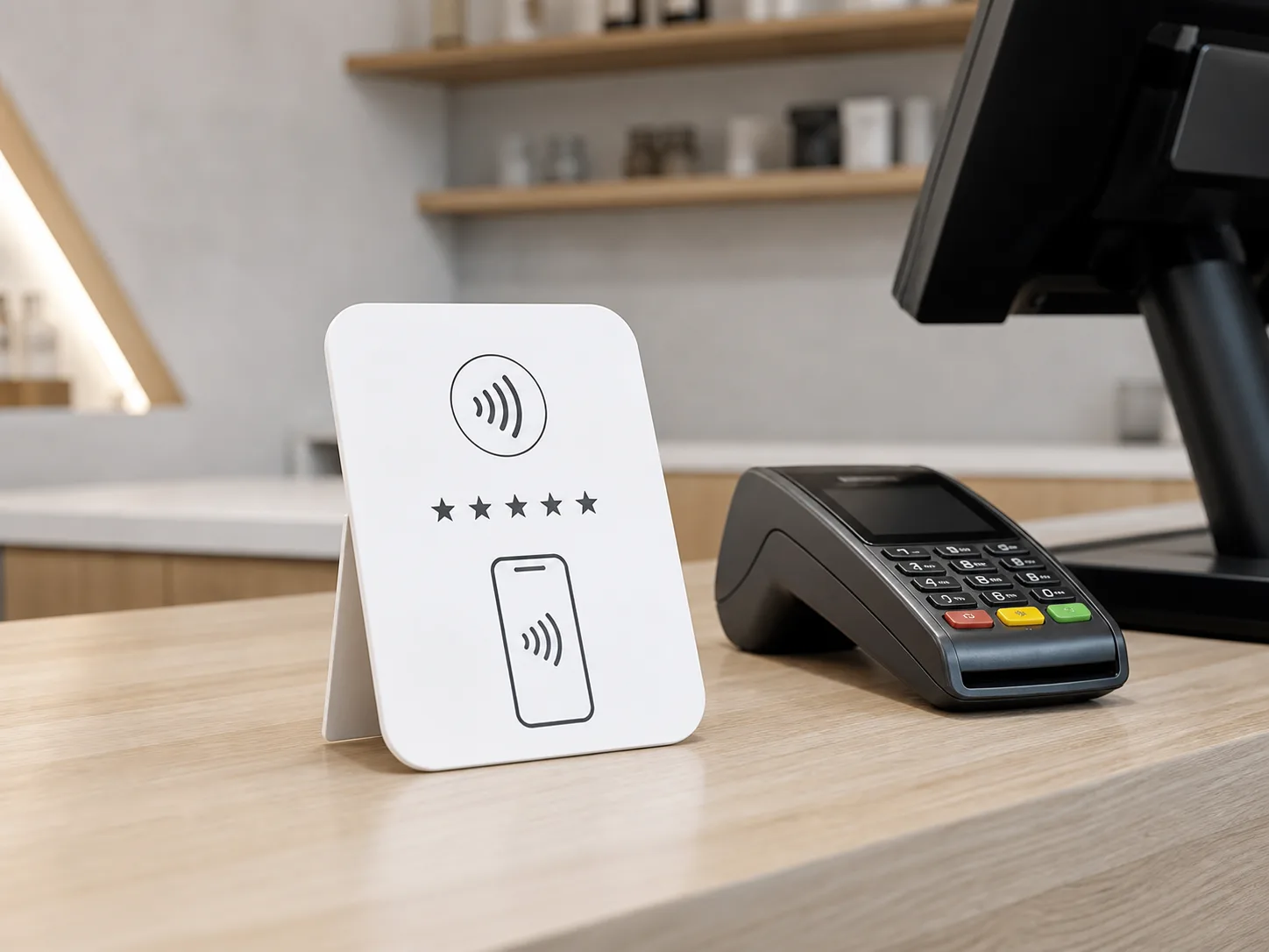 Review tag op een toonbank naast een betaalterminal